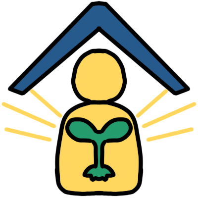a yellow figure with a green sprout on them, golden radiance beams around them, signifying a human life. above them is a blue caret, which is both like a 'more than' sign signifying there is nothing more important than a human life, and sheltering and protecting it.